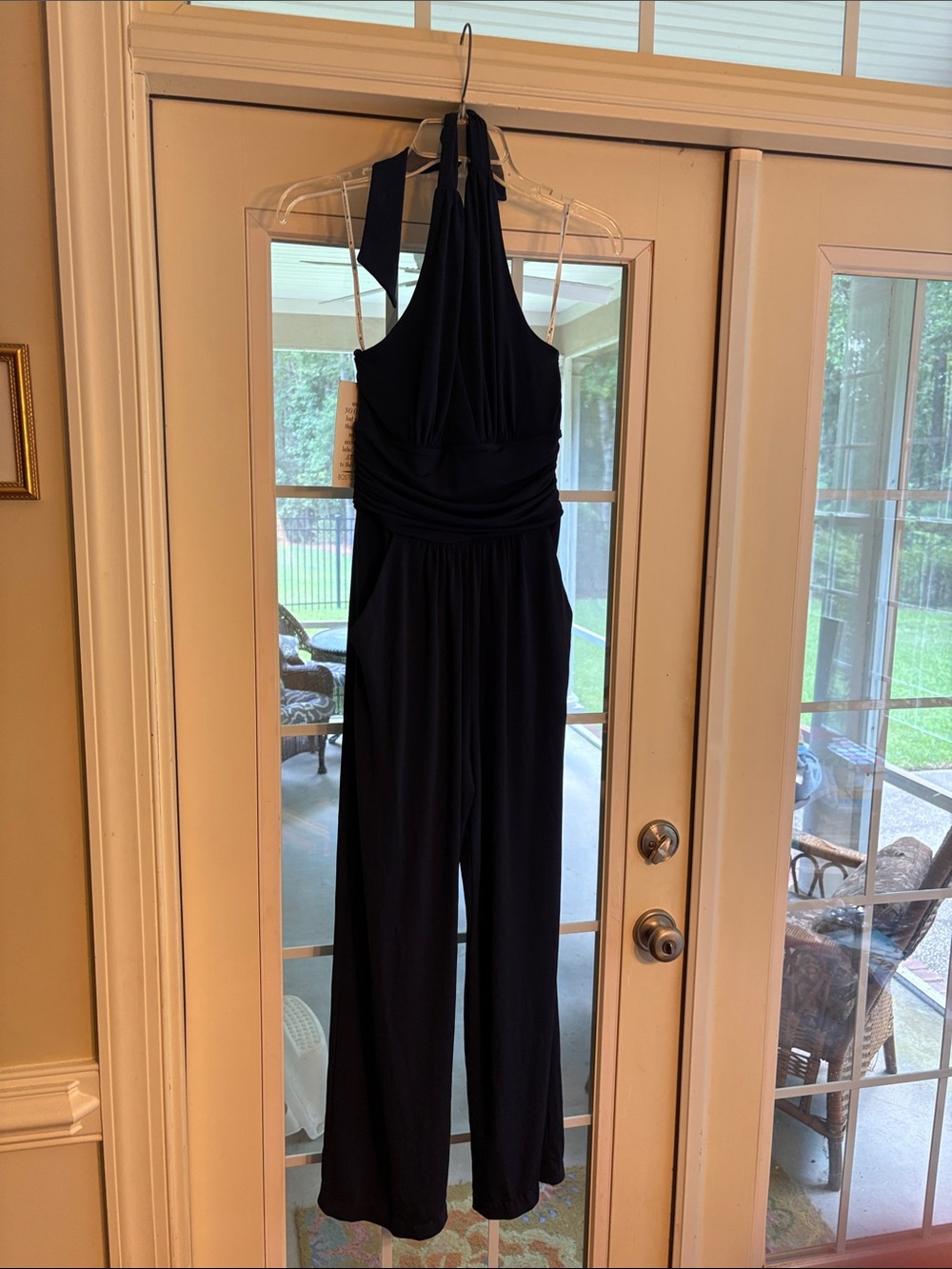 Boston Proper Ruched Front Navy Halter Wide-Leg Jumpsuit